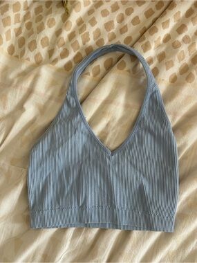 Garage Light Blue Ribbed V-Neck Halter Top
